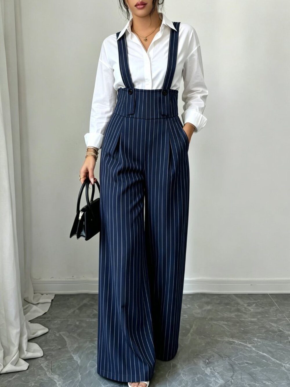 Navy Blue Casual Women's Striped Ultra High Waist Loose Long Overall